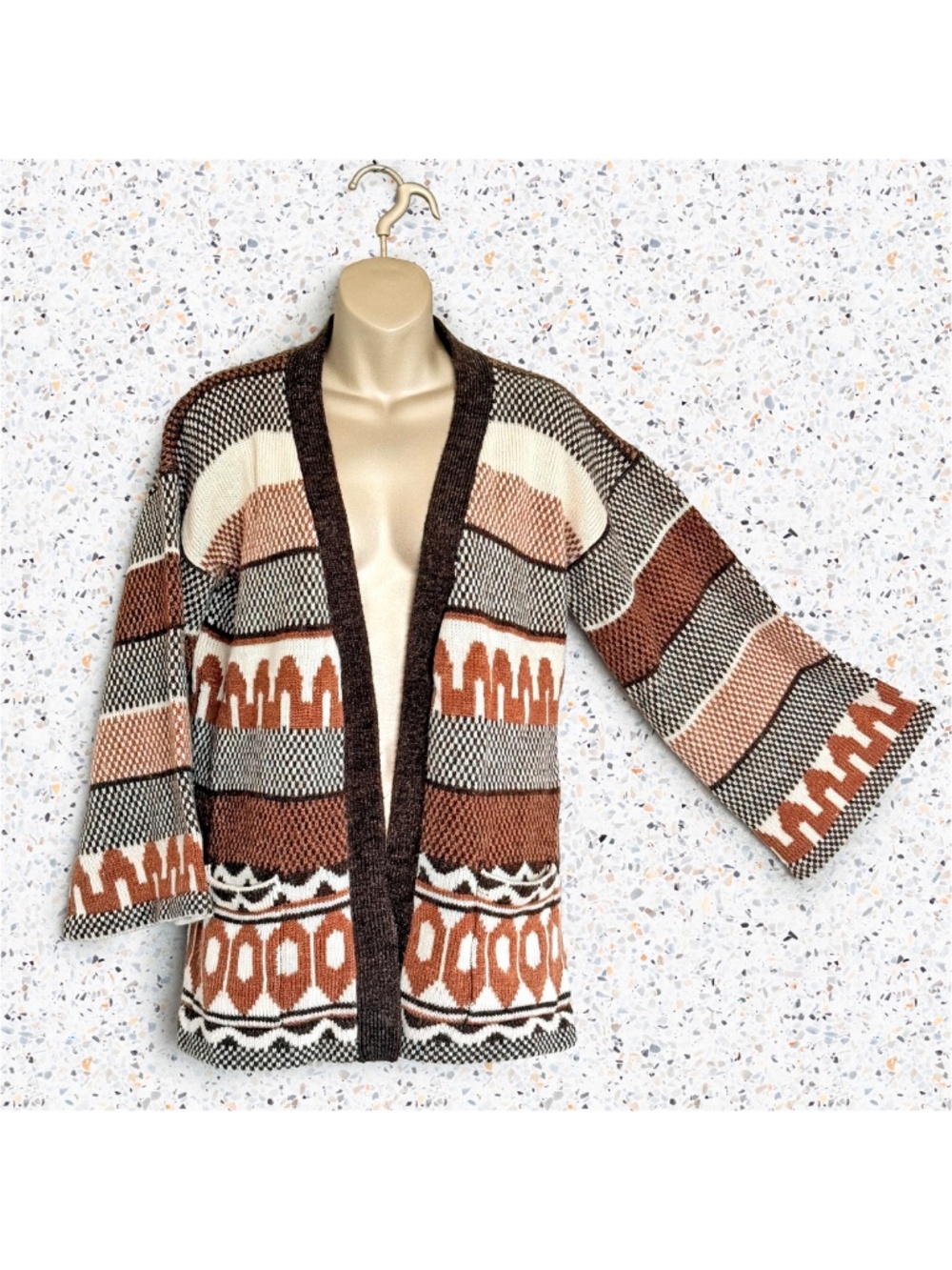 Vtg 70s Ades Earthy Geometric Knit Sweater Cardigan Cozy Boho Bell Sleeve XL
